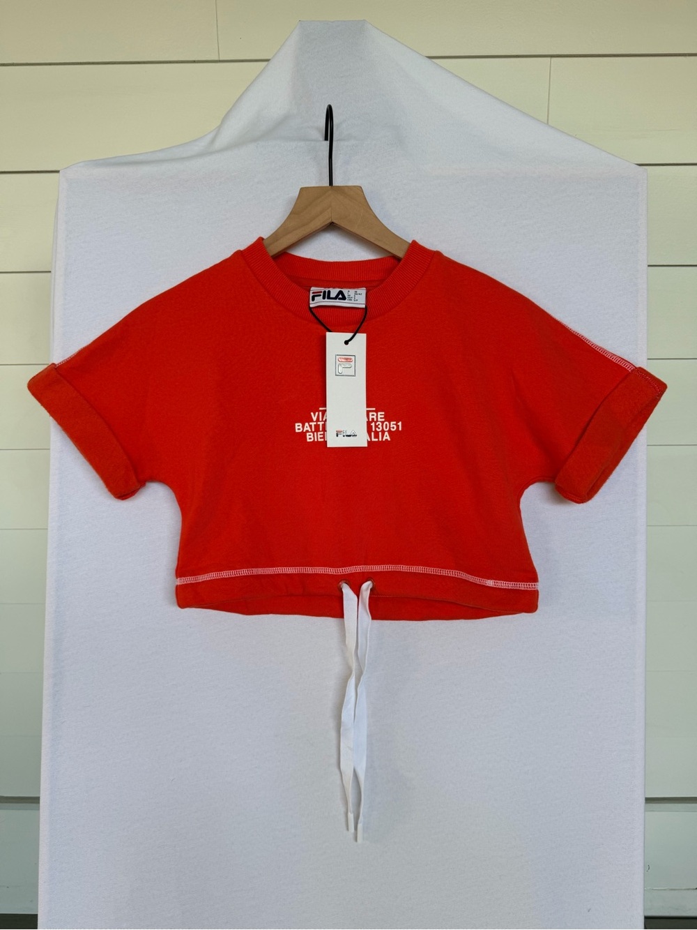 NWT FILA Daria Crop Sweatshirt Red Orange Short Sleeve Drawstring Y2K S